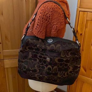 Coach Brown signature, leather handle & Suede bottom.